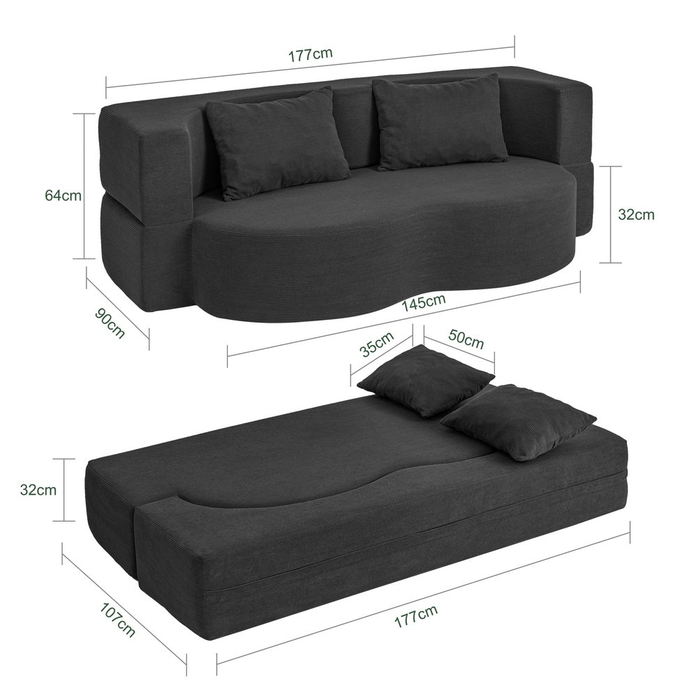 SoBuy FST101-SCH Canapé-Lit Convertible 2 Places Noir – Lit d'Appoint Dépliable pour Petits Espaces, Velours Côtelé Entièrement Déhoussable – 177×107×32 cm, Charge 227 kg