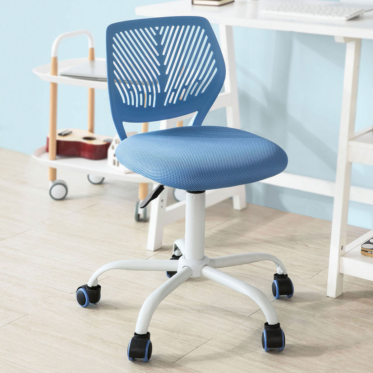 SoBuy FST64-BL Scaun de birou ergonomic, Fotoliu pivotant, Scaun de calculator cu înălțime reglabilă, Albastru