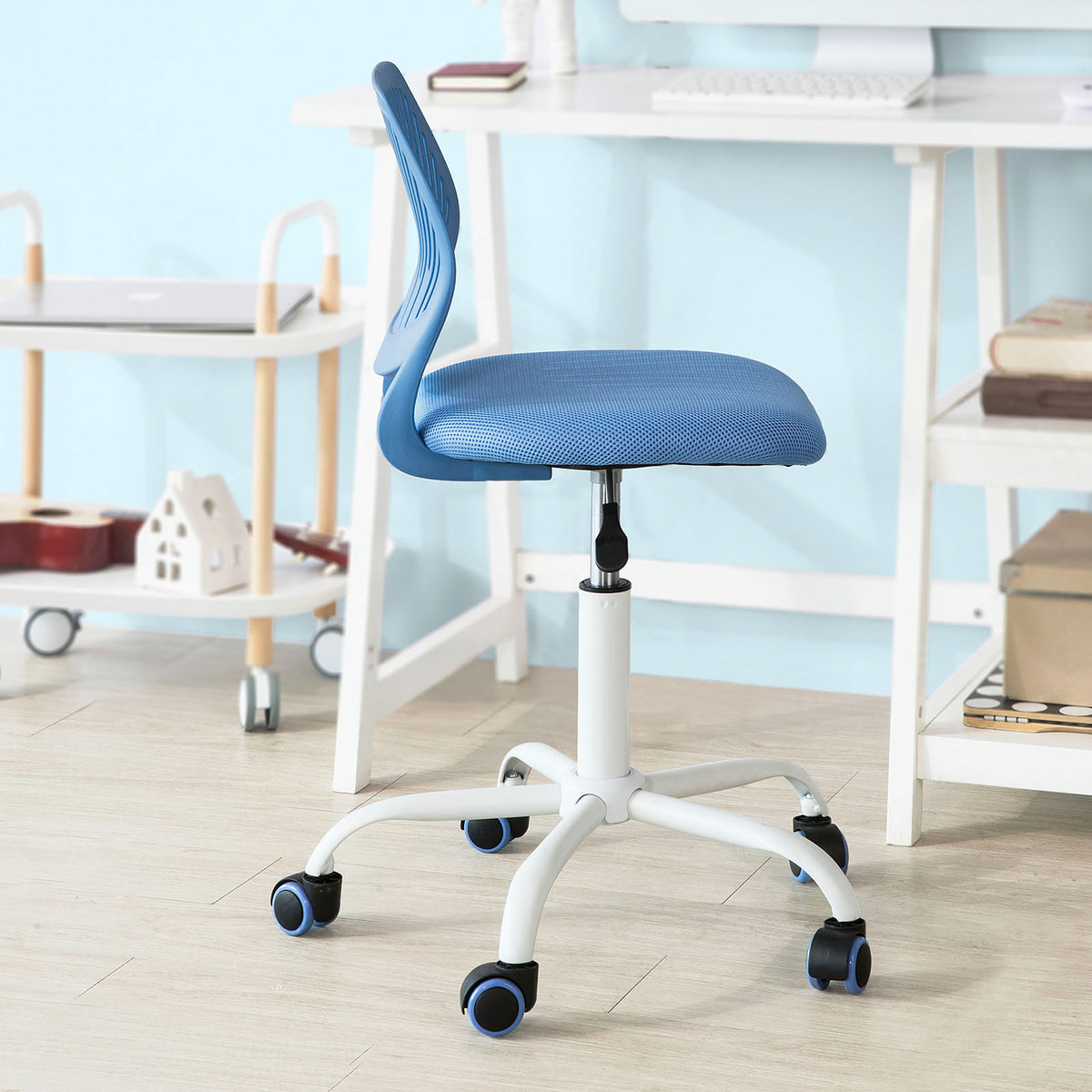 SoBuy FST64-BL Scaun de birou ergonomic, Fotoliu pivotant, Scaun de calculator cu înălțime reglabilă, Albastru
