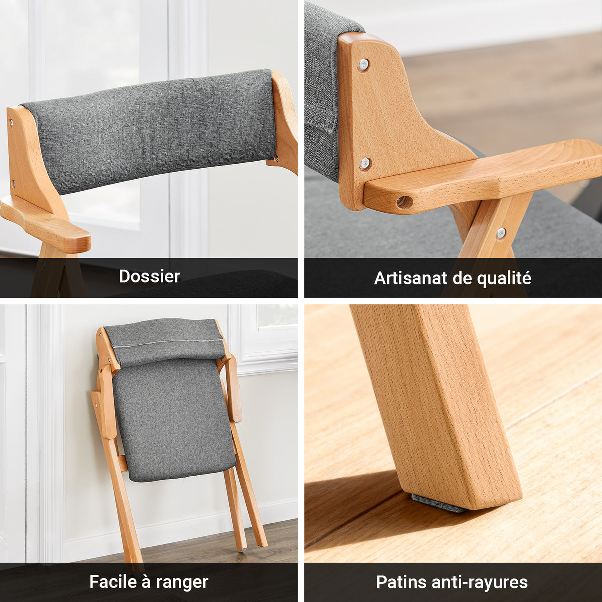 SoBuy FST98-HG Scaun Pliant din Lemn pentru Sufragerie cu Pernă – Scaune de Bucătărie și Scaun Confortabil Pliabil pentru Living, Scaune din Lemn pentru Birou sau Grădină, Economie de Spațiu, Gri