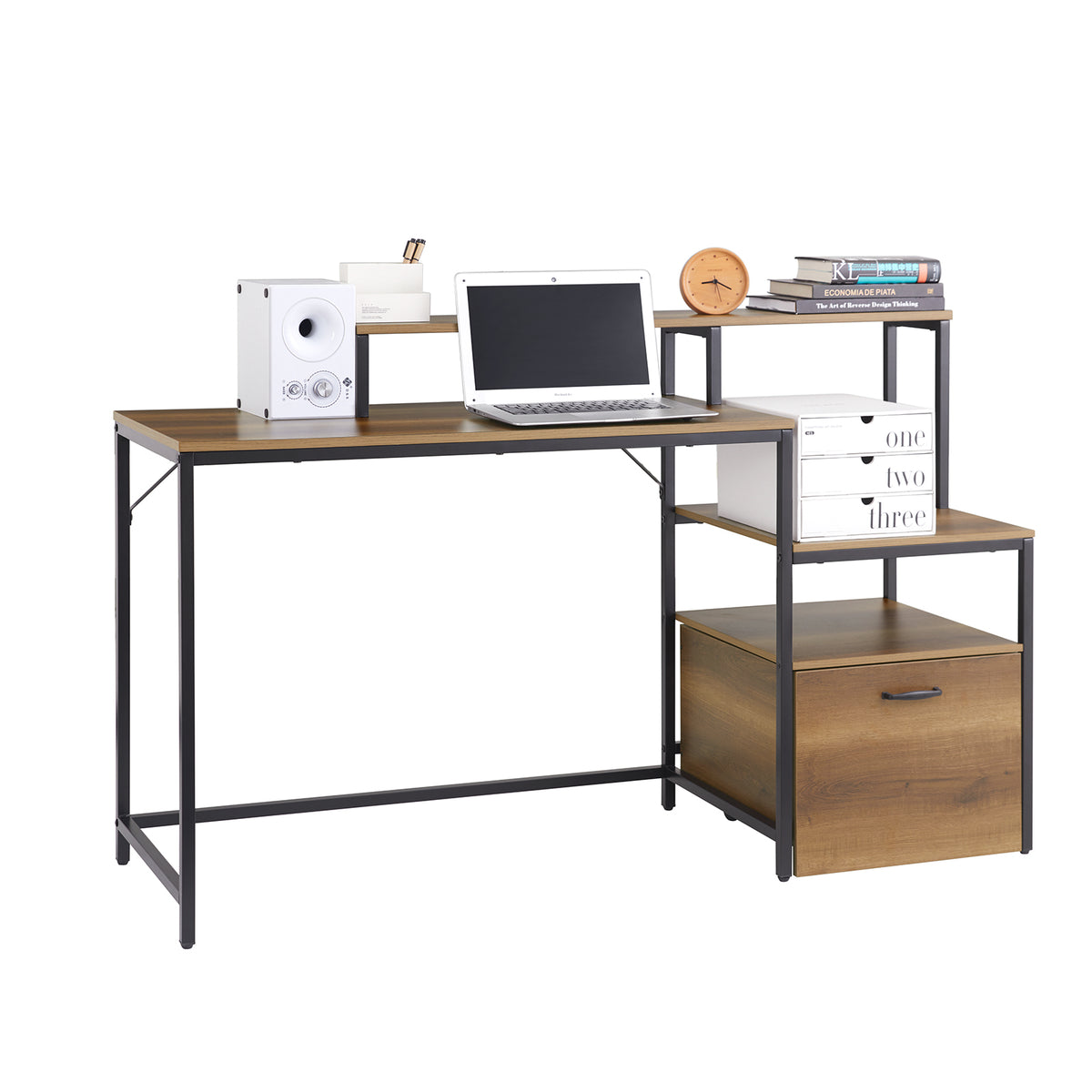 SoBuy FWT103-PF Table de Bureau avec 3 Étagères, Bureau à Domicile, Bureau Informatique, Table à Travaille, Bureau Ordinateur