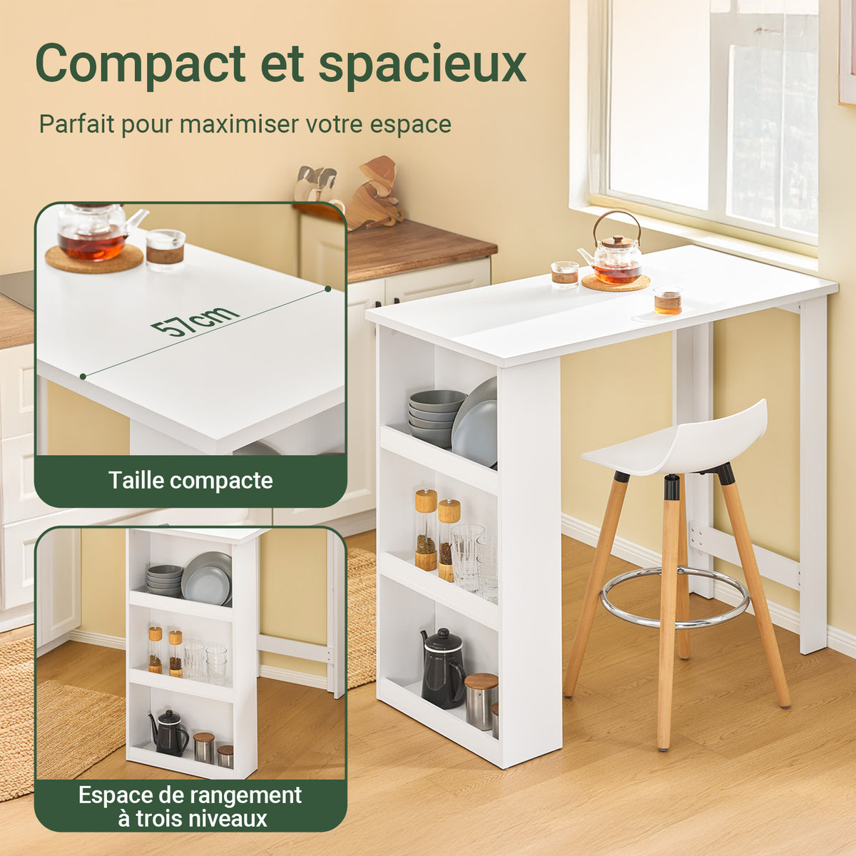 SoBuy FWT17-II-W Masă de Bar Masă Înaltă de Bucătărie Masă de Bistrou pentru Spații Mici, Bar pentru Bucătărie, Living, Birou sau Cafenea Albă 112 x 57 x 106 cm