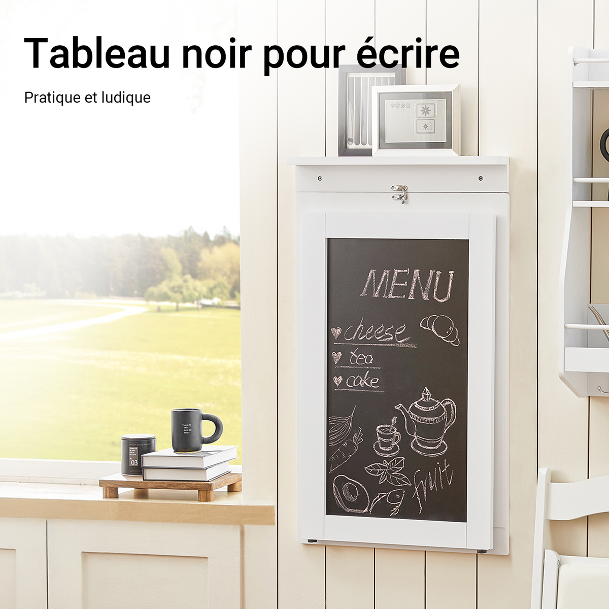 SoBuy FWT20-W Masă de perete rabatabilă, pliabilă cu tablă memo extensibilă, care economisește spațiu, pentru bucătărie, birou și spații mici, Alb 50cm x 75cm x 76cm