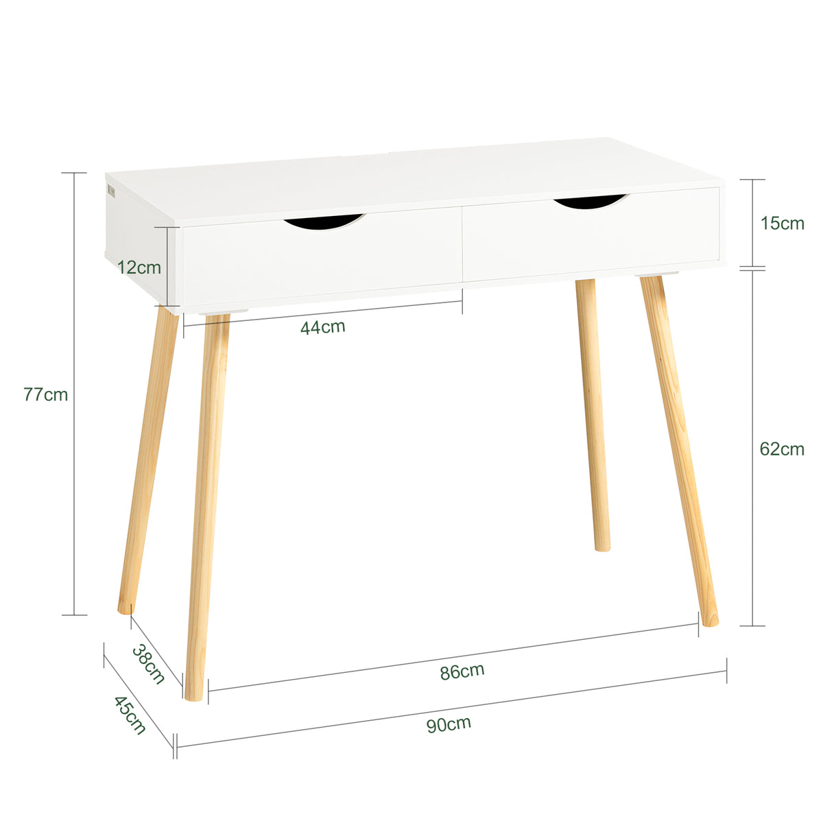 SoBuy FWT40-WN Masă Birou cu 2 Sertare Birou Mic cu Spațiu de Depozitare Birou Multifuncțional pentru Computer și Dormitor Alb Natural 90x45x77cm