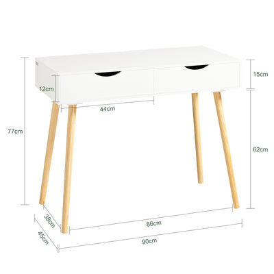 SoBuy FWT40-WN Masă Birou cu 2 Sertare Birou Mic cu Spațiu de Depozitare Birou Multifuncțional pentru Computer și Dormitor Alb Natural 90x45x77cm