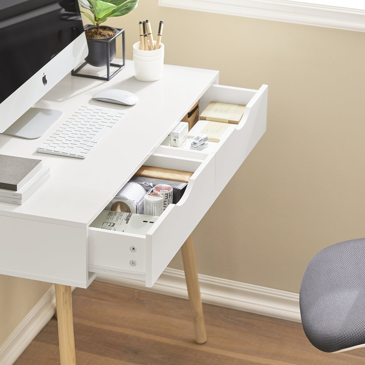 SoBuy FWT40-WN Masă Birou cu 2 Sertare Birou Mic cu Spațiu de Depozitare Birou Multifuncțional pentru Computer și Dormitor Alb Natural 90x45x77cm