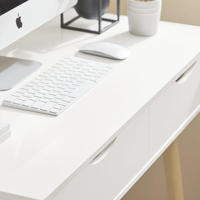 SoBuy FWT40-WN Masă Birou cu 2 Sertare Birou Mic cu Spațiu de Depozitare Birou Multifuncțional pentru Computer și Dormitor Alb Natural 90x45x77cm