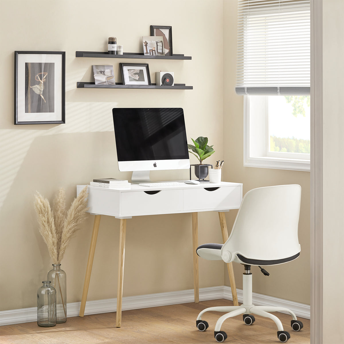 SoBuy FWT40-WN Masă Birou cu 2 Sertare Birou Mic cu Spațiu de Depozitare Birou Multifuncțional pentru Computer și Dormitor Alb Natural 90x45x77cm