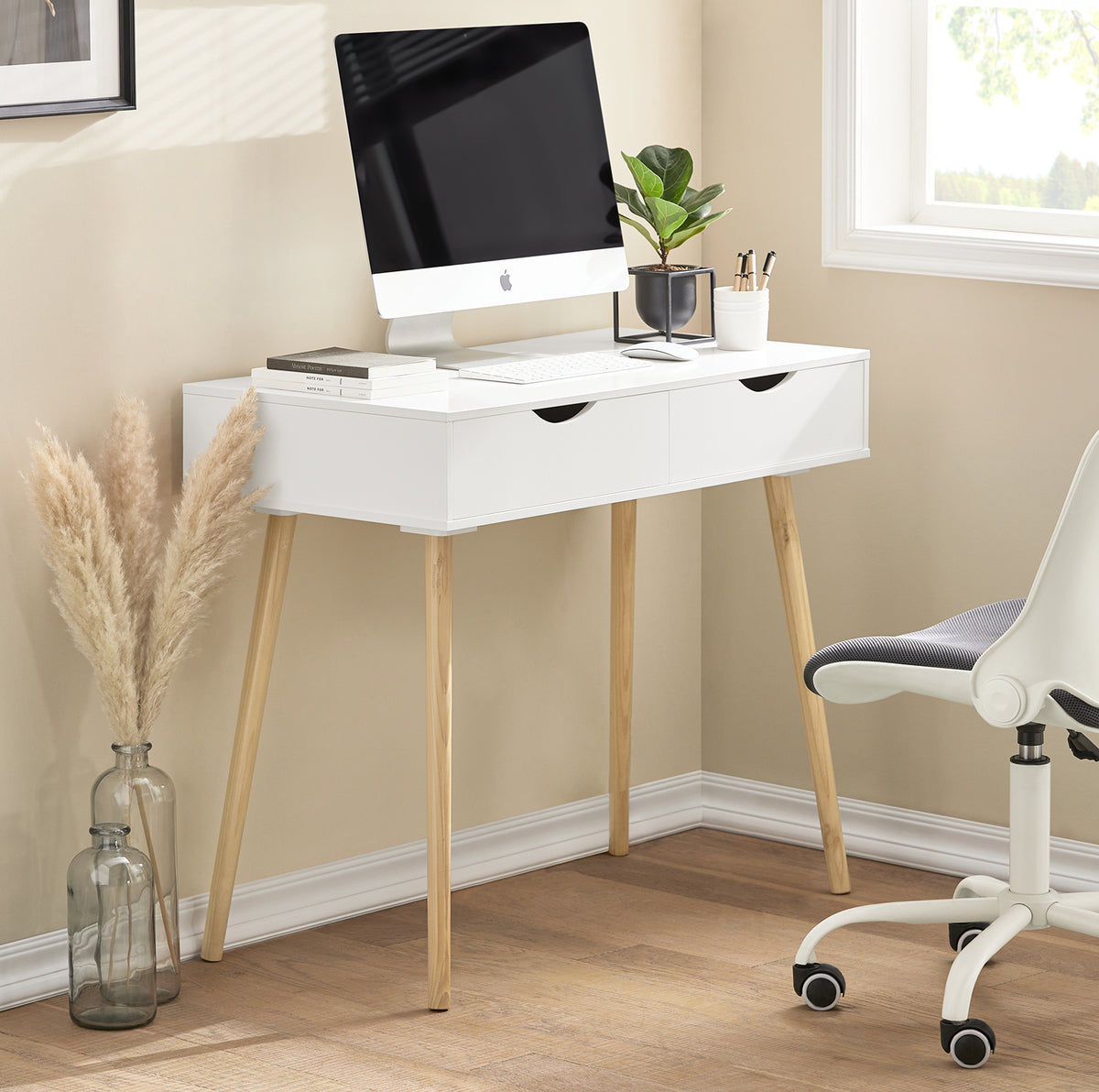 SoBuy FWT40-WN Masă Birou cu 2 Sertare Birou Mic cu Spațiu de Depozitare Birou Multifuncțional pentru Computer și Dormitor Alb Natural 90x45x77cm