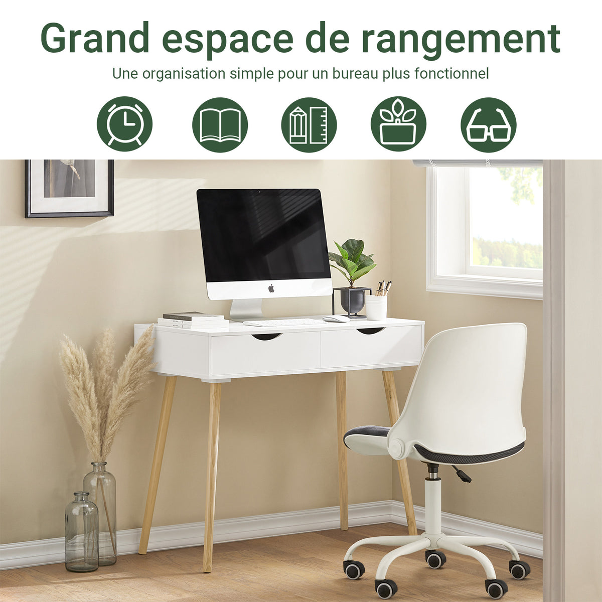 SoBuy FWT40-WN Masă Birou cu 2 Sertare Birou Mic cu Spațiu de Depozitare Birou Multifuncțional pentru Computer și Dormitor Alb Natural 90x45x77cm