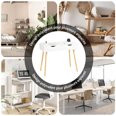 SoBuy FWT40-WN Masă Birou cu 2 Sertare Birou Mic cu Spațiu de Depozitare Birou Multifuncțional pentru Computer și Dormitor Alb Natural 90x45x77cm