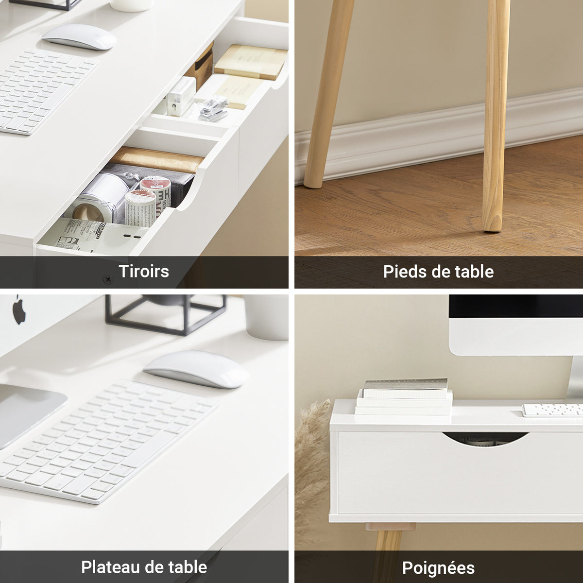 SoBuy FWT40-WN Masă Birou cu 2 Sertare Birou Mic cu Spațiu de Depozitare Birou Multifuncțional pentru Computer și Dormitor Alb Natural 90x45x77cm