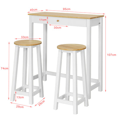 SoBuy FWT50-WN Set 1 Masă + 2 Scaune Set Masă de Bar Bistro + 2 scaune cu Suport pentru Picioare Masă înaltă de Bucătărie – Alb Natural