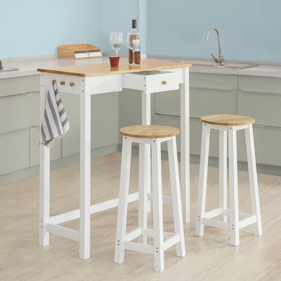 SoBuy FWT50-WN Set 1 Masă + 2 Scaune Set Masă de Bar Bistro + 2 scaune cu Suport pentru Picioare Masă înaltă de Bucătărie – Alb Natural