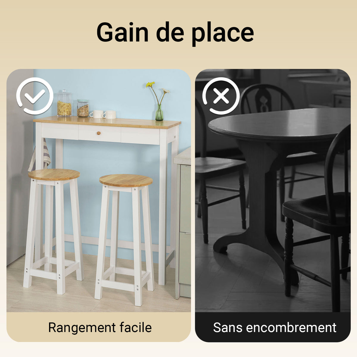 SoBuy FWT50-WN Set 1 Masă + 2 Scaune Set Masă de Bar Bistro + 2 scaune cu Suport pentru Picioare Masă înaltă de Bucătărie – Alb Natural