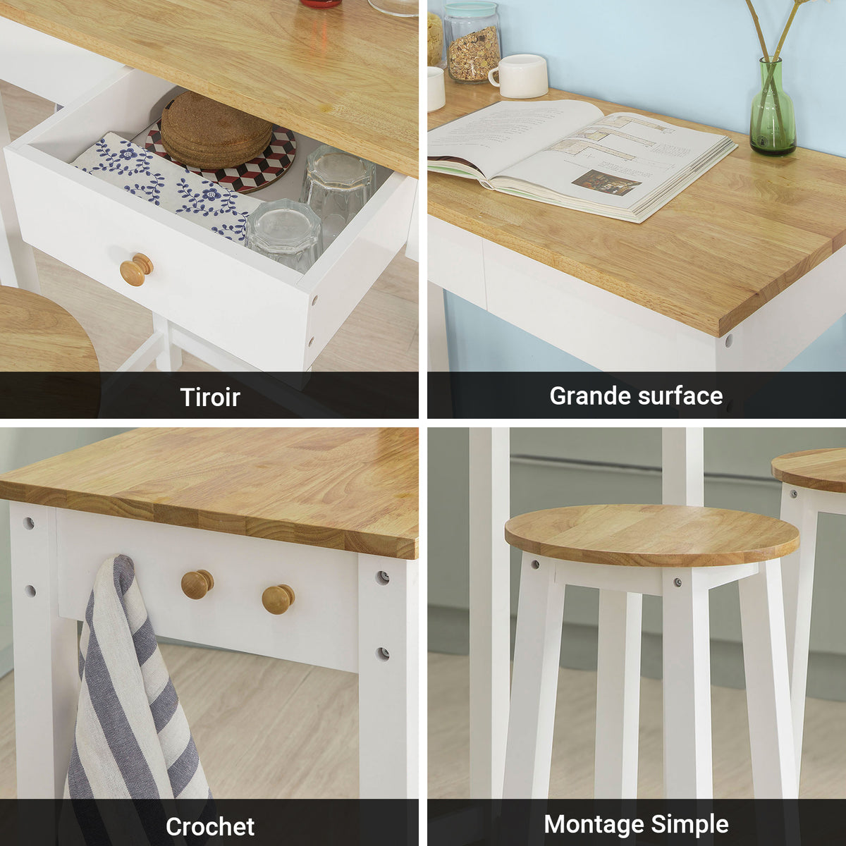 SoBuy FWT50-WN Set 1 Masă + 2 Scaune Set Masă de Bar Bistro + 2 scaune cu Suport pentru Picioare Masă înaltă de Bucătărie – Alb Natural