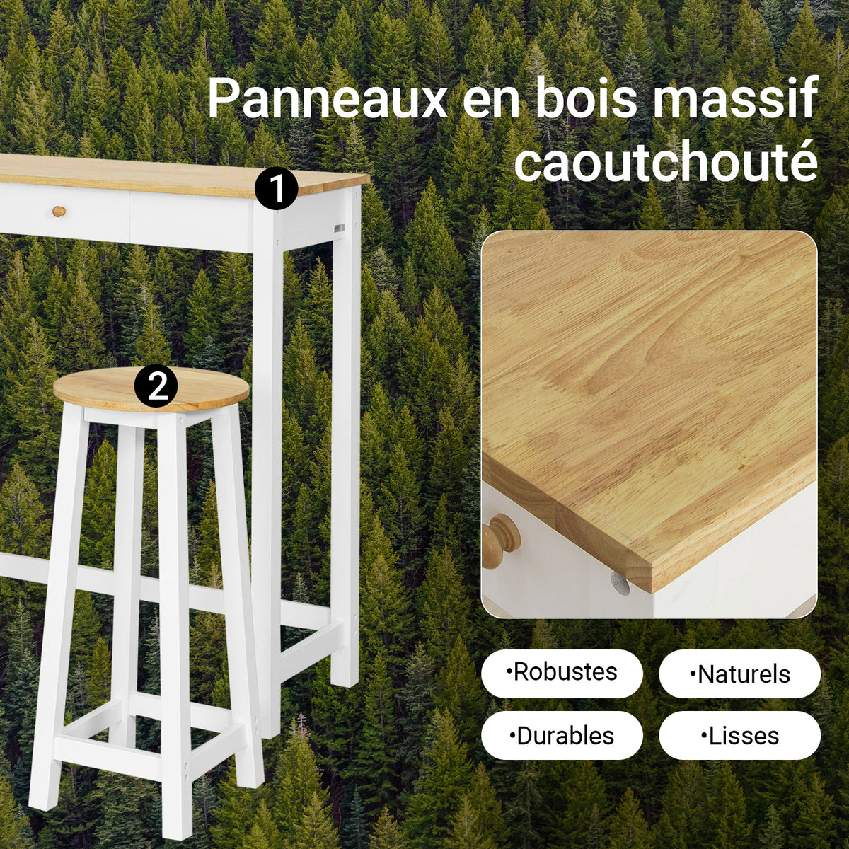 SoBuy FWT50-WN Set 1 Masă + 2 Scaune Set Masă de Bar Bistro + 2 scaune cu Suport pentru Picioare Masă înaltă de Bucătărie – Alb Natural