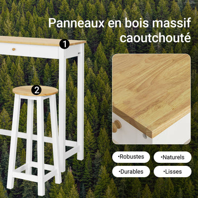 SoBuy FWT50-WN Set 1 Masă + 2 Scaune Set Masă de Bar Bistro + 2 scaune cu Suport pentru Picioare Masă înaltă de Bucătărie – Alb Natural