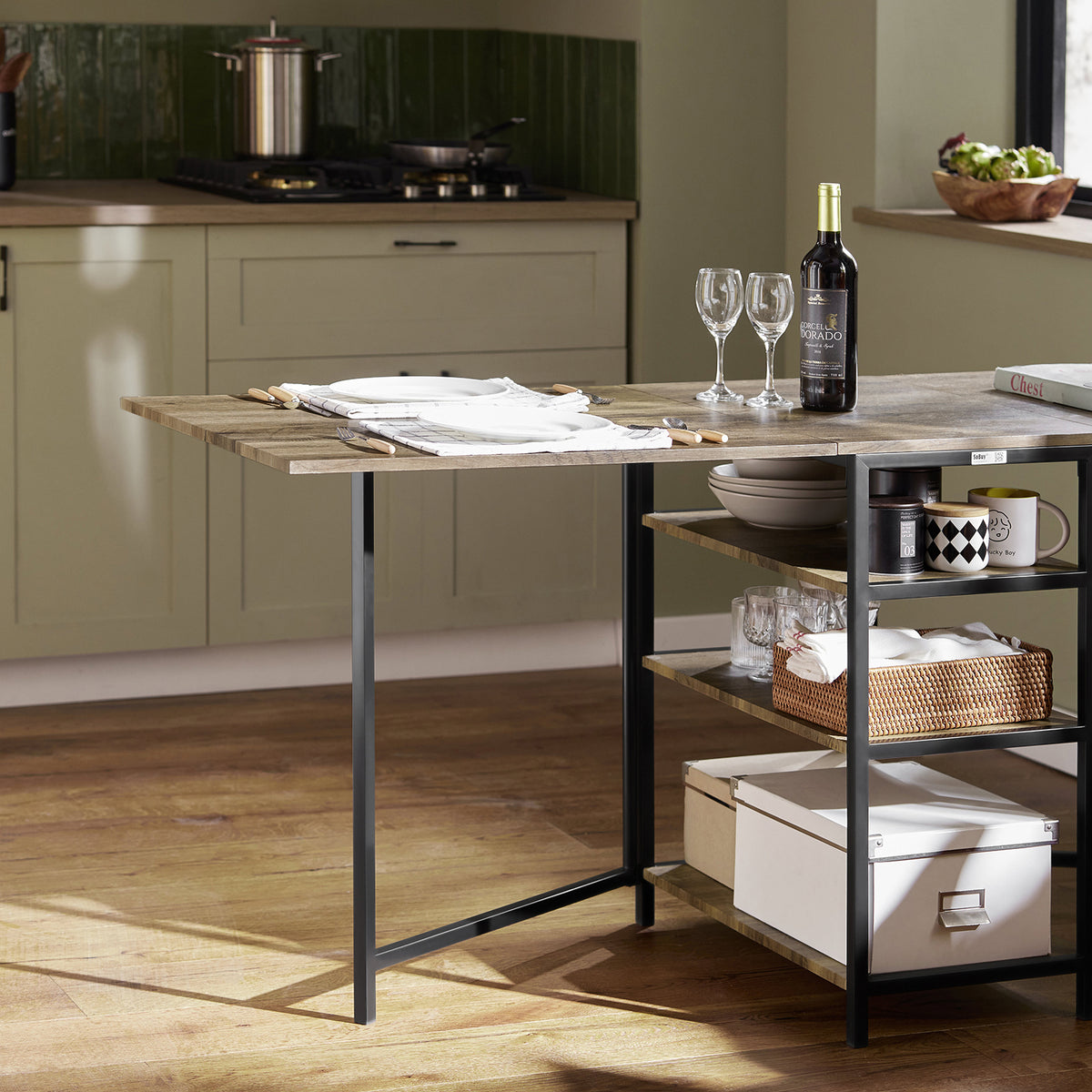 SoBuy FWT62-N Table Pliante avec 2 Abattants et 3 Étagères de Rangement, Table de Cuisine Salle à Manger Pliable, Économie d'espace, 180 x 60 x 77cm