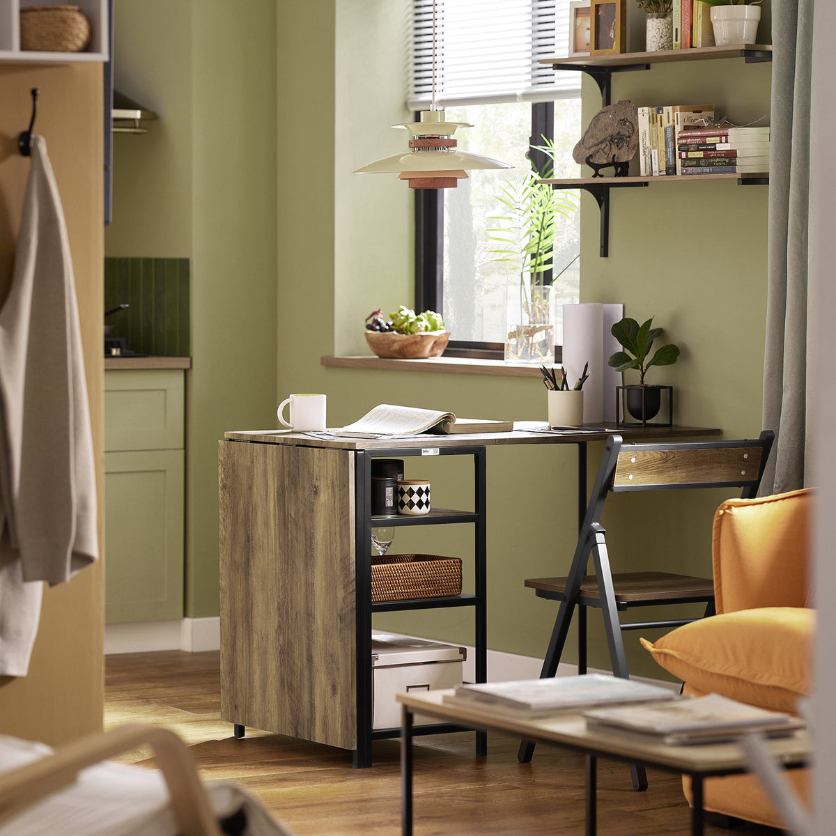 SoBuy FWT62-N Table Pliante avec 2 Abattants et 3 Étagères de Rangement, Table de Cuisine Salle à Manger Pliable, Économie d'espace, 180 x 60 x 77cm