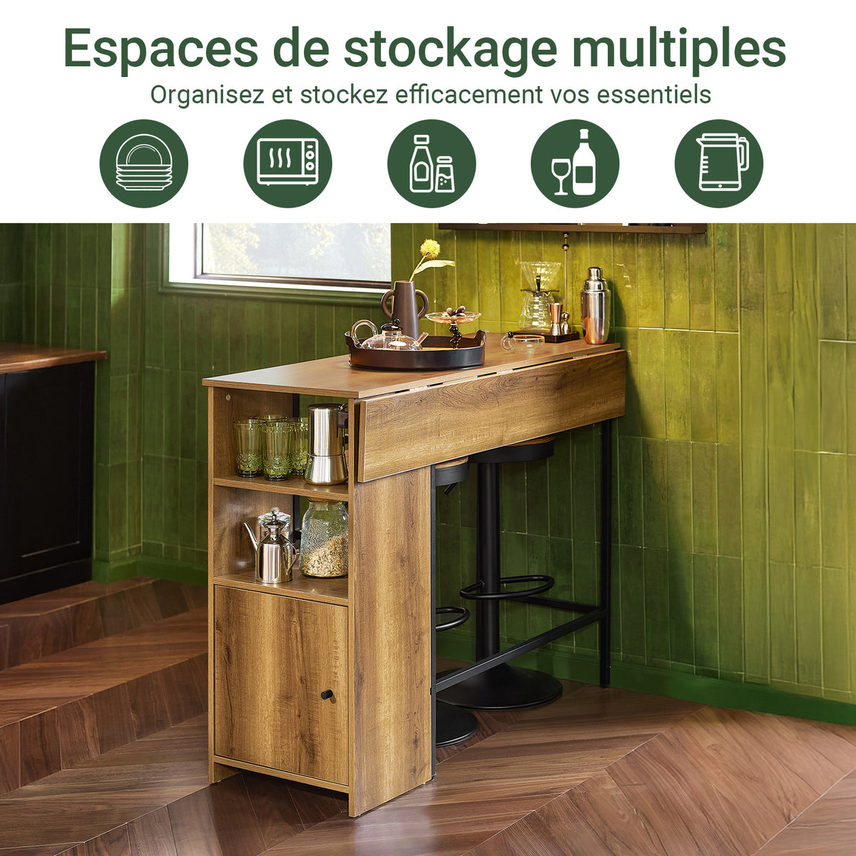 SoBuy FWT98-PF Masă Înaltă de Bucătărie cu Blat Extensibil – Masă Bar pentru Spații Mici, Masă Modernă pentru Sufragerie, Bar pentru Bucătărie, Living sau Cafenea 120 × 45/63 × 95cm