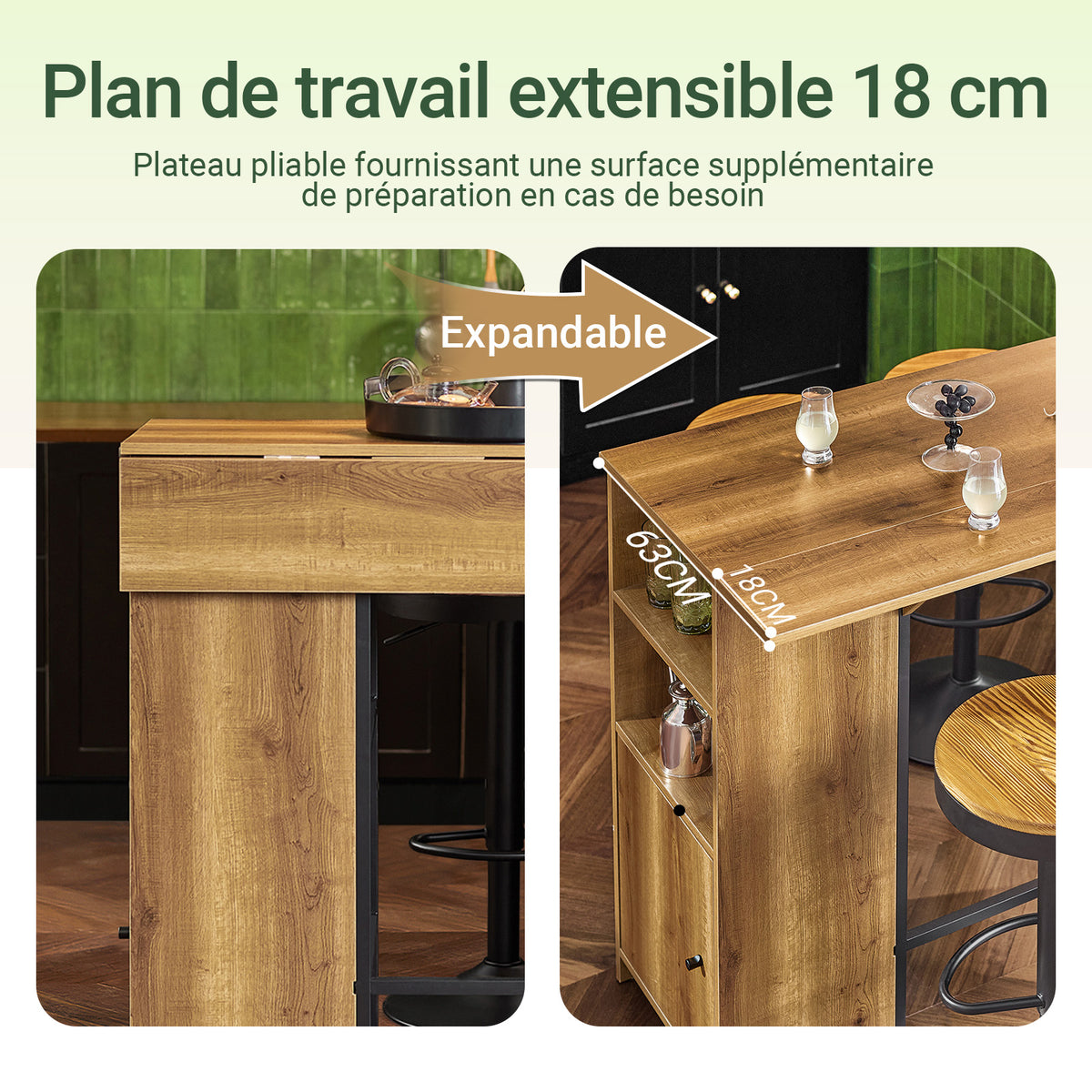 SoBuy FWT98-PF Masă Înaltă de Bucătărie cu Blat Extensibil – Masă Bar pentru Spații Mici, Masă Modernă pentru Sufragerie, Bar pentru Bucătărie, Living sau Cafenea 120 × 45/63 × 95cm