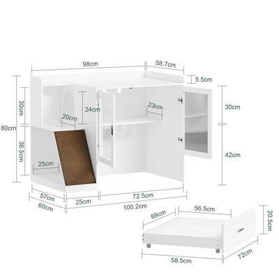 SoBuy HAT02-L-E-W Meuble Litière pour Chat Blanc avec Tiroir – Cache-Litière avec Griffoir Sisal Intégré, 2 Portes et Étagères – 98×60×80 cm, Charge 101 kg
