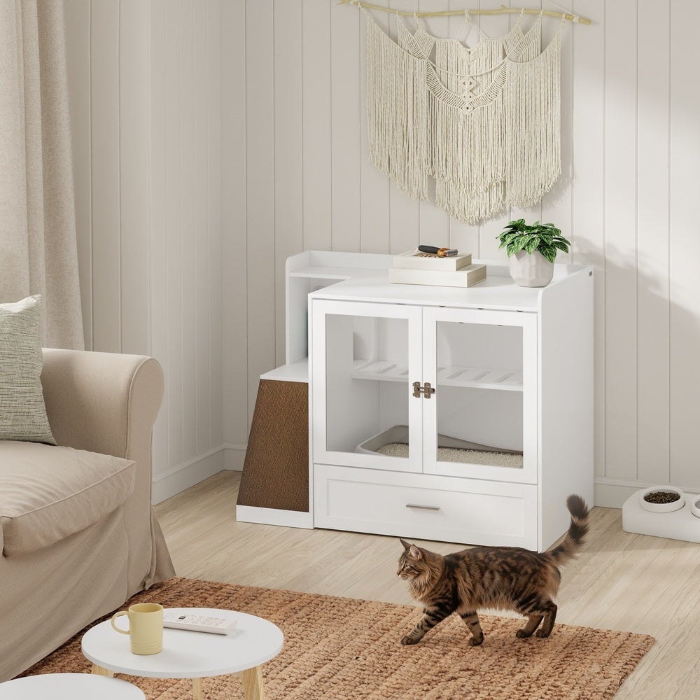 SoBuy HAT02-L-E-W Meuble Litière pour Chat Blanc avec Tiroir – Cache-Litière avec Griffoir Sisal Intégré, 2 Portes et Étagères – 98×60×80 cm, Charge 101 kg