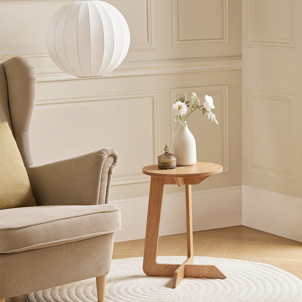 SoBuy HFBT02-N Table d'Appoint Ronde en Bois Table Basse Ronde Table de Chevet Bout de Canapé, Forme de C, Tenons et Mortaises