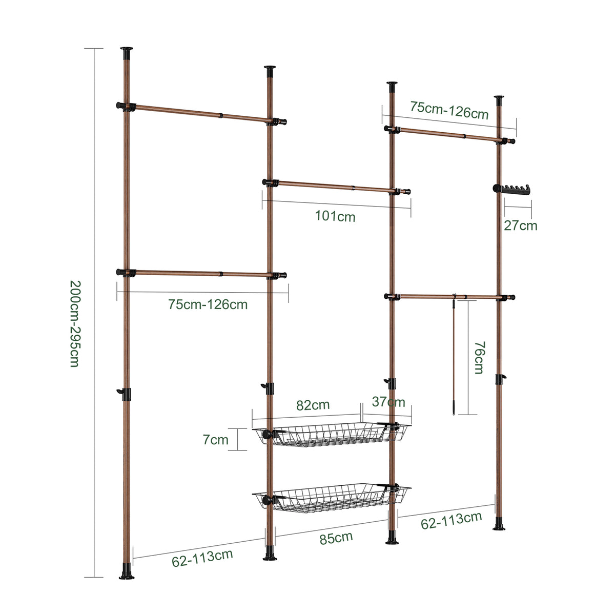 SoBuy KLS04-II-BR Suport telescopic pentru haine, robust - Dulap deschis reglabil cu bare și rafturi, Cuier pentru dormitor/dressing, Maro