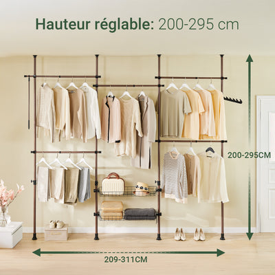 SoBuy KLS04-II-BR Suport telescopic pentru haine, robust - Dulap deschis reglabil cu bare și rafturi, Cuier pentru dormitor/dressing, Maro