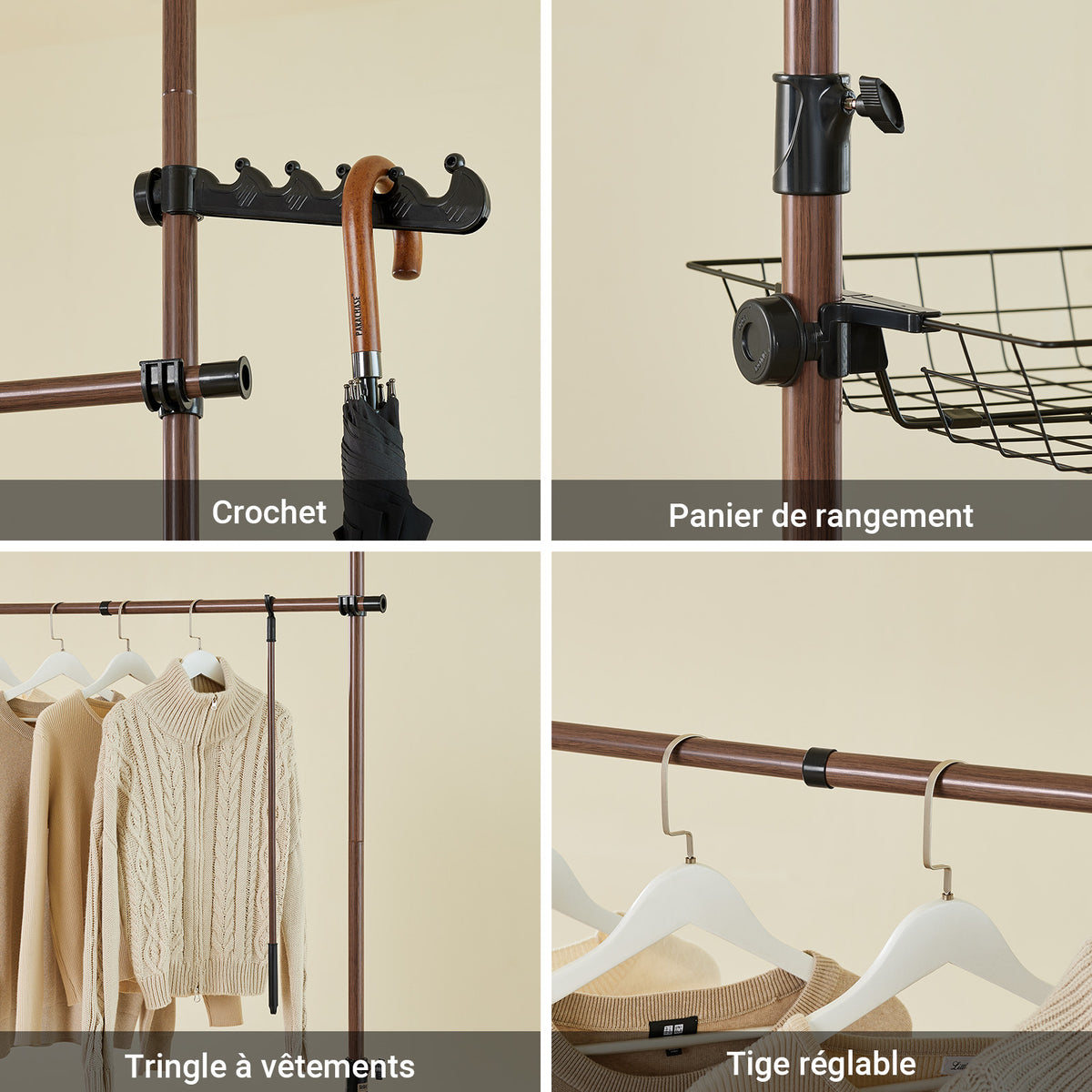 SoBuy KLS04-II-BR Suport telescopic pentru haine, robust - Dulap deschis reglabil cu bare și rafturi, Cuier pentru dormitor/dressing, Maro