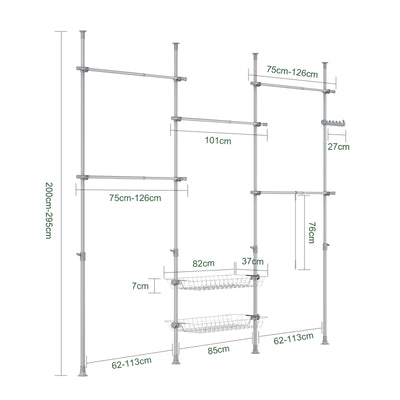 SoBuy KLS04-II-HG Suport telescopic robust pentru haine - Dulap deschis reglabil cu bare și rafturi, Cuier pentru dormitor/dressing, Gri