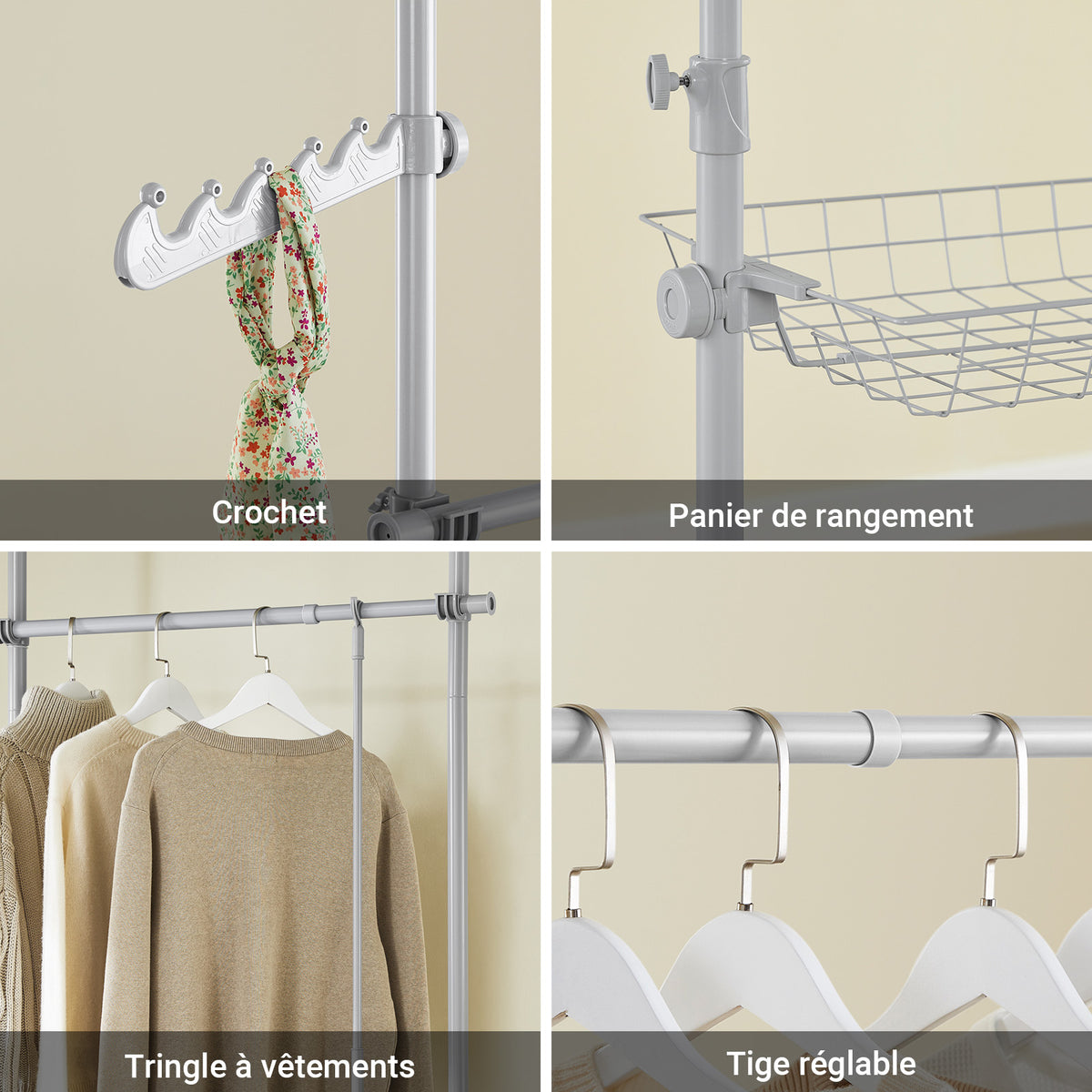 SoBuy KLS04-II-HG Suport telescopic robust pentru haine - Dulap deschis reglabil cu bare și rafturi, Cuier pentru dormitor/dressing, Gri