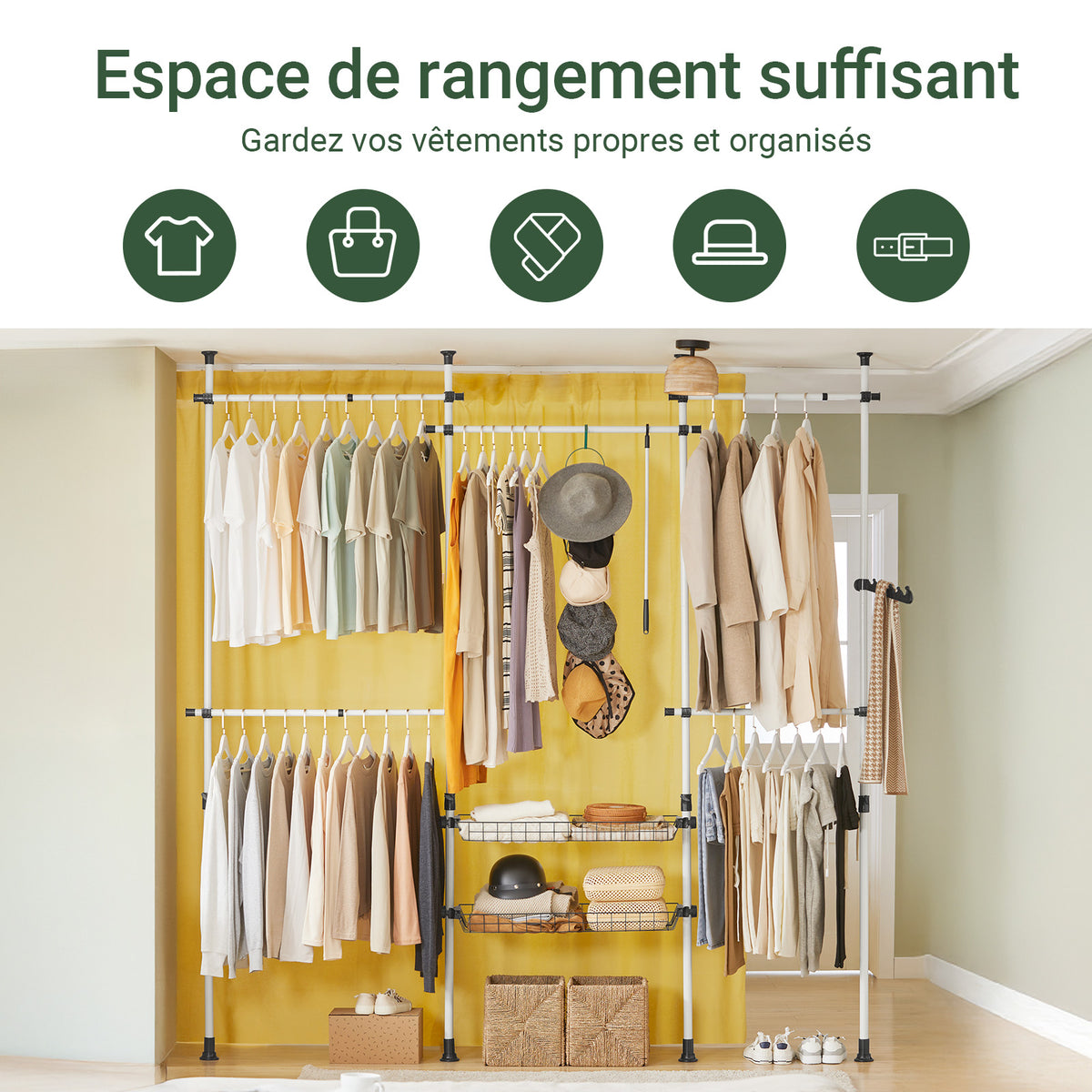 SoBuy KLS04 Suport telescopic pentru haine, rezistent - Dulap deschis reglabil cu bare și rafturi, Cuier pentru dormitor/dressing, Alb