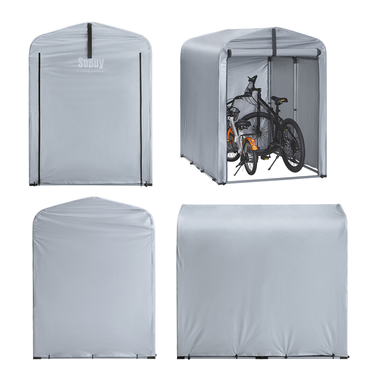 SoBuy KLS11-K Șopron de grădină, șopron de exterior, impermeabil, magazie pentru motociclete cu cârlige, garaj pentru biciclete și unelte, magazie pentru biciclete, depozitare și depozitare, argintiu, 120 x 176 x 163 cm