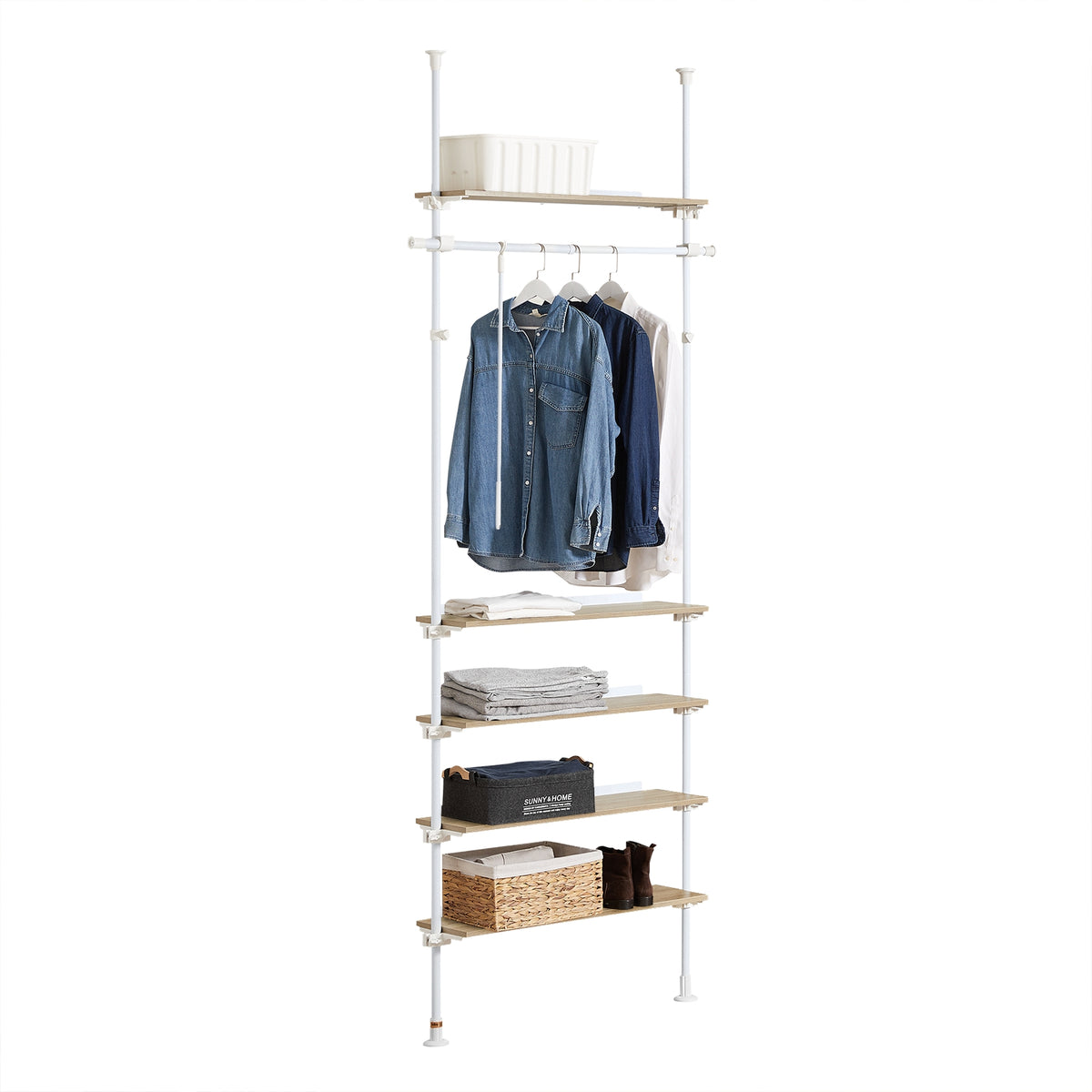 SoBuy KLS15-WN Télescopique Porte-vêtements Porte-Manteau Réglable, 1 Barre, 3 Etagères et 1 Vêtement Fork, L97 x H(193-262) 