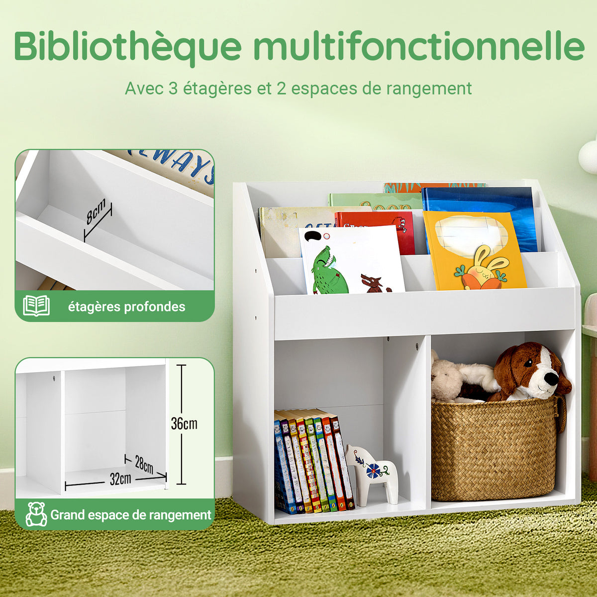 SoBuy KMB01-II-W Biblioteca pentru copii, Raft pentru jucării pentru copii cu 3 rafturi și 2 compartimente deschise, Unitate de depozitare jucării, Raft pentru cărți, Suport pentru reviste, Alb 68x30x68 cm