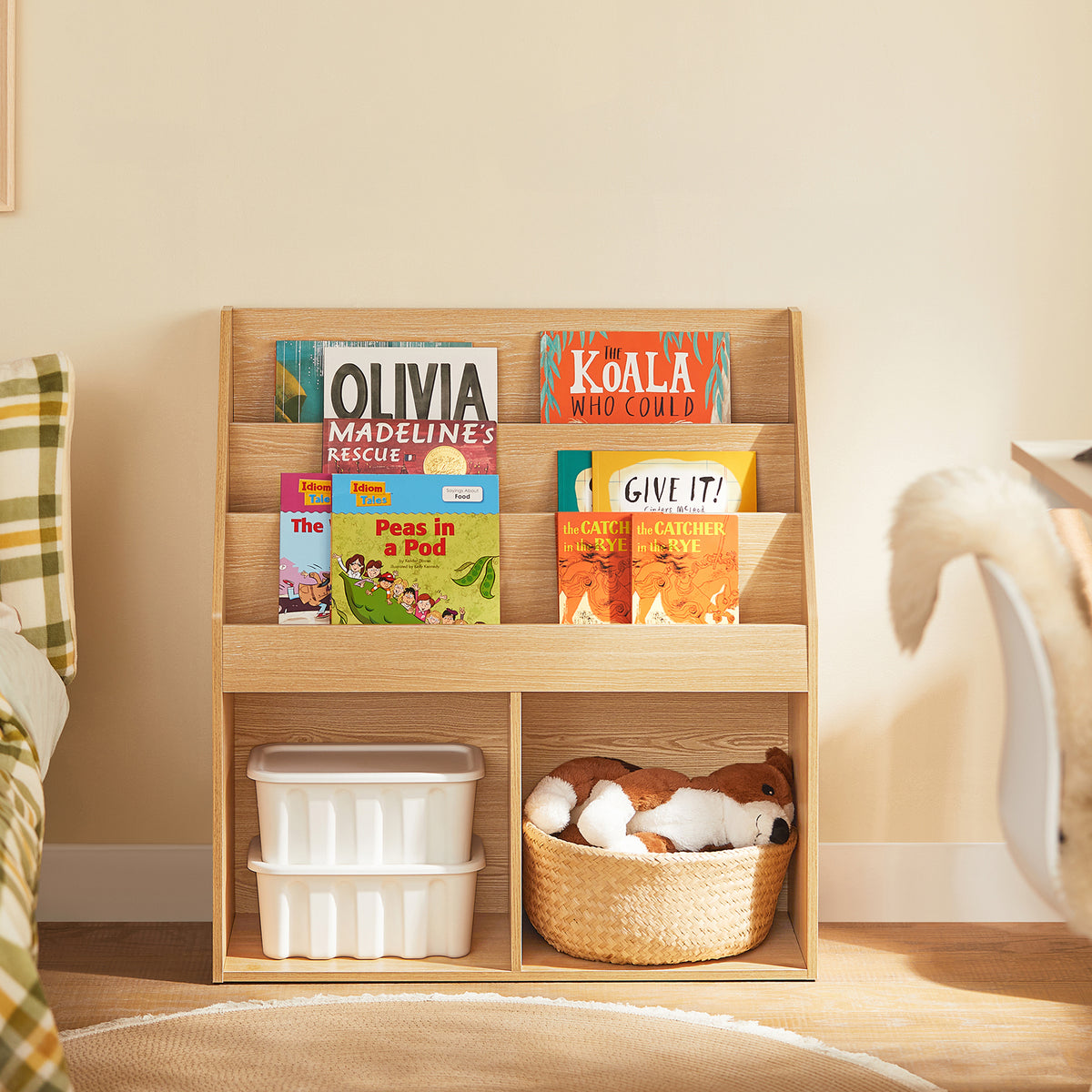SoBuy KMB01-N Bibliothèque Enfant Montessori Naturelle – 3 Étagères, 2 Compartiments, 80 cm