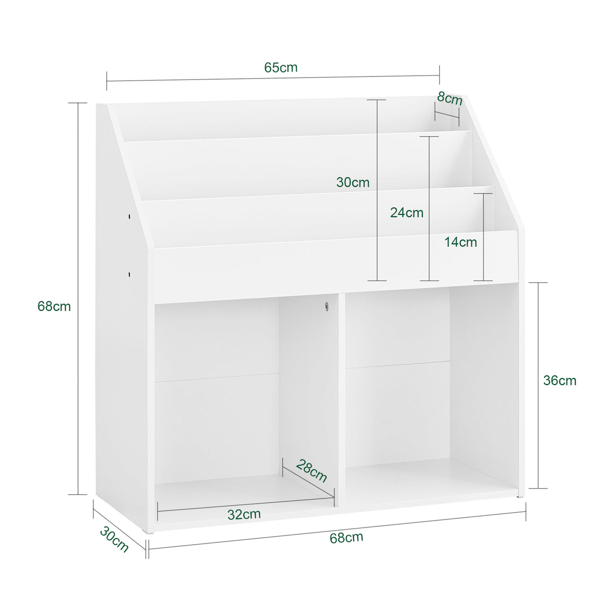 SoBuy KMB01-II-W Biblioteca pentru copii, Raft pentru jucării pentru copii cu 3 rafturi și 2 compartimente deschise, Unitate de depozitare jucării, Raft pentru cărți, Suport pentru reviste, Alb 68x30x68 cm