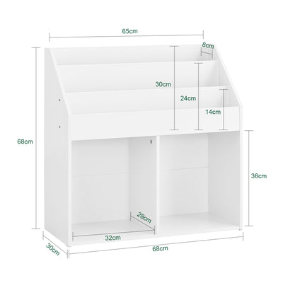 SoBuy KMB01-II-W Biblioteca pentru copii, Raft pentru jucării pentru copii cu 3 rafturi și 2 compartimente deschise, Unitate de depozitare jucării, Raft pentru cărți, Suport pentru reviste, Alb 68x30x68 cm