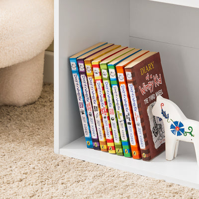 SoBuy KMB01-II-W Biblioteca pentru copii, Raft pentru jucării pentru copii cu 3 rafturi și 2 compartimente deschise, Unitate de depozitare jucării, Raft pentru cărți, Suport pentru reviste, Alb 68x30x68 cm