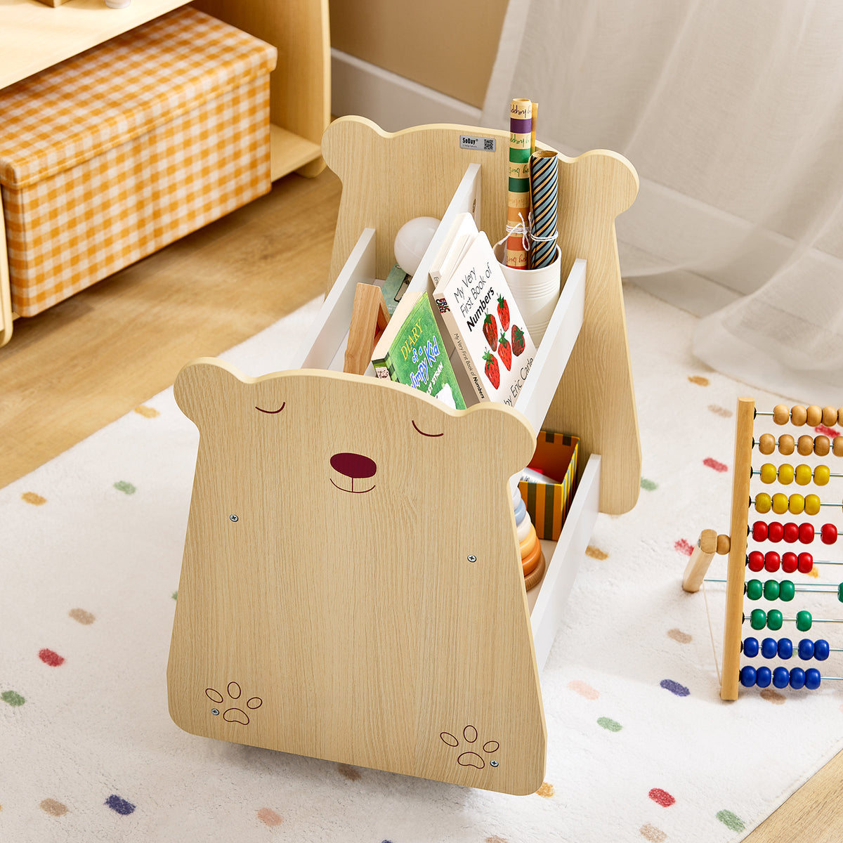 SoBuy KMB103-WN Étagère à Livres pour Enfant, Étagère à Jouets, Bibliothèque à roulettes pour Chambre d'enfant et Salle de Jeux