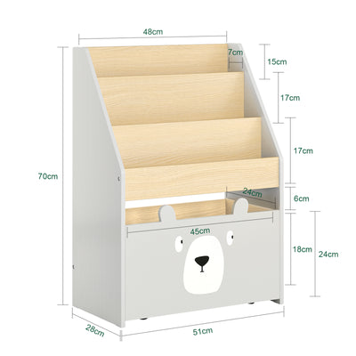 SoBuy KMB104-HG Bibliotecă pentru Copii, Raft pentru Cărți, Raft de Depozitare Jucării pentru Copii, Suport Reviste cu Ladă cu Roți și 3 Rafturi, Alb și Gri, L51xP28xH70 cm