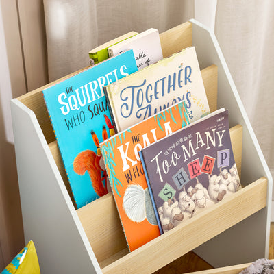SoBuy KMB104-HG Bibliotecă pentru Copii, Raft pentru Cărți, Raft de Depozitare Jucării pentru Copii, Suport Reviste cu Ladă cu Roți și 3 Rafturi, Alb și Gri, L51xP28xH70 cm