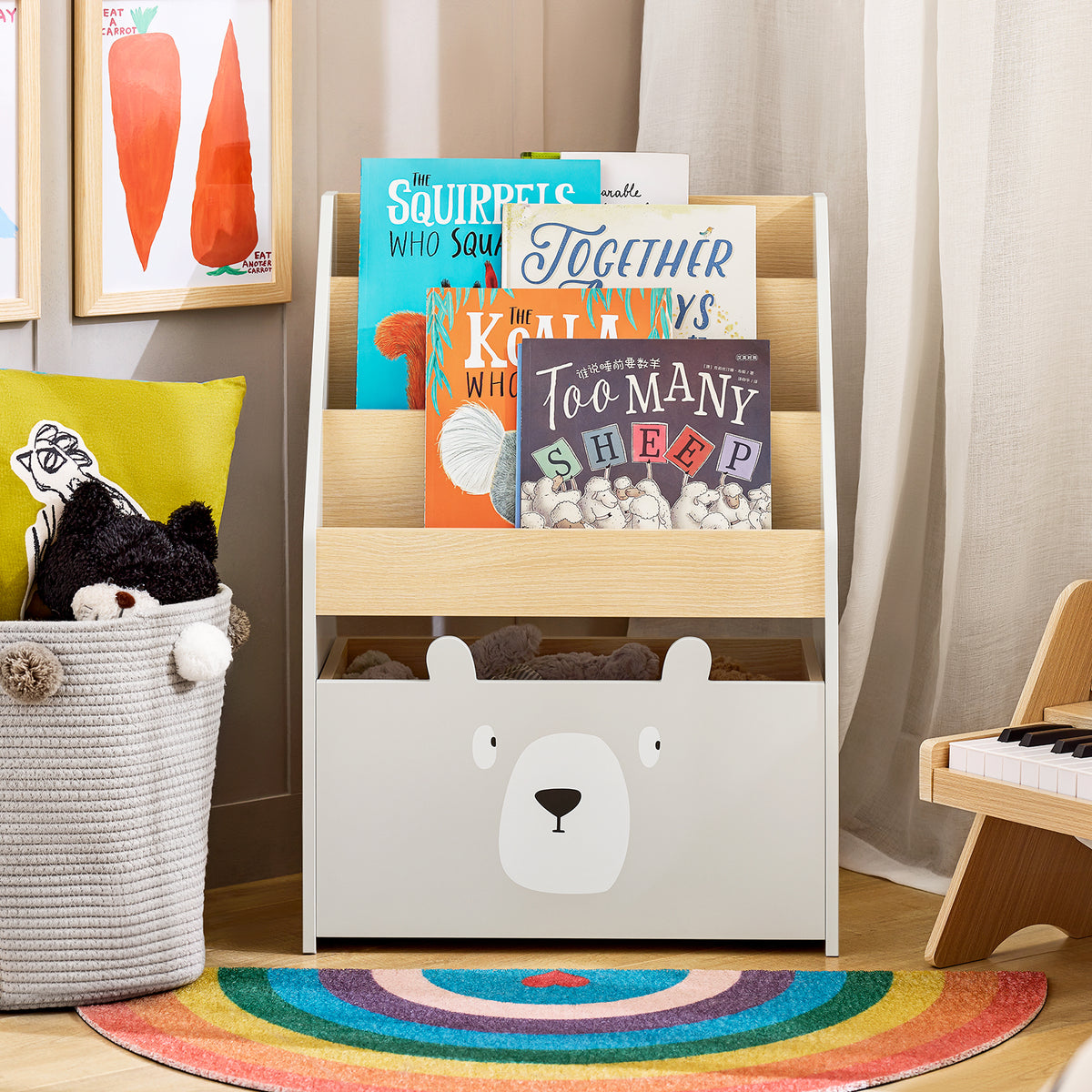 SoBuy KMB104-HG Bibliotecă pentru Copii, Raft pentru Cărți, Raft de Depozitare Jucării pentru Copii, Suport Reviste cu Ladă cu Roți și 3 Rafturi, Alb și Gri, L51xP28xH70 cm