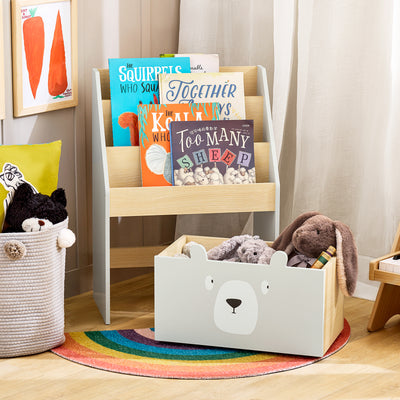 SoBuy KMB104-HG Bibliotecă pentru Copii, Raft pentru Cărți, Raft de Depozitare Jucării pentru Copii, Suport Reviste cu Ladă cu Roți și 3 Rafturi, Alb și Gri, L51xP28xH70 cm