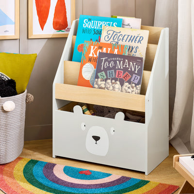 SoBuy KMB104-HG Bibliotecă pentru Copii, Raft pentru Cărți, Raft de Depozitare Jucării pentru Copii, Suport Reviste cu Ladă cu Roți și 3 Rafturi, Alb și Gri, L51xP28xH70 cm