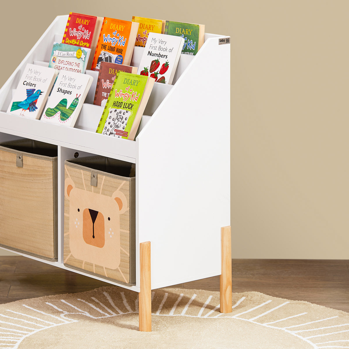 SoBuy KMB115-W Bibliotecă pentru copii cu 4 rafturi și 2 cutii de depozitare