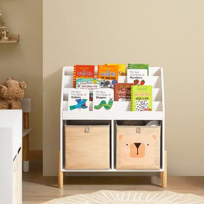 SoBuy KMB115-W Bibliotecă pentru copii cu 4 rafturi și 2 cutii de depozitare